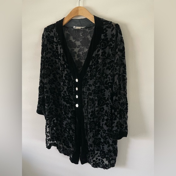 Vtg Queen Anne Eileen West Silk Blend Velvet Burnout Floral Cardigan Duster S - Picture 3 of 5